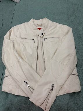 Guess Cream Moto Leather Jacket with Zip Details